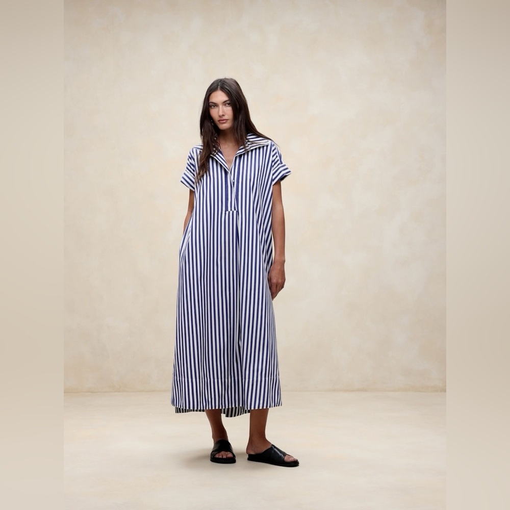 Banana Republic Navy and White Striped Maxi Shirt poplin Dress - Picture 3 of 10